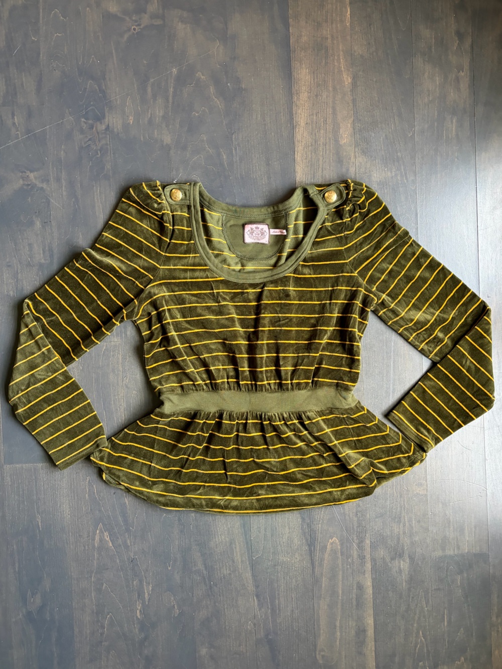 Y2K Juicy Couture Olive Green Top with Mustard Stripe Detail Size Medium